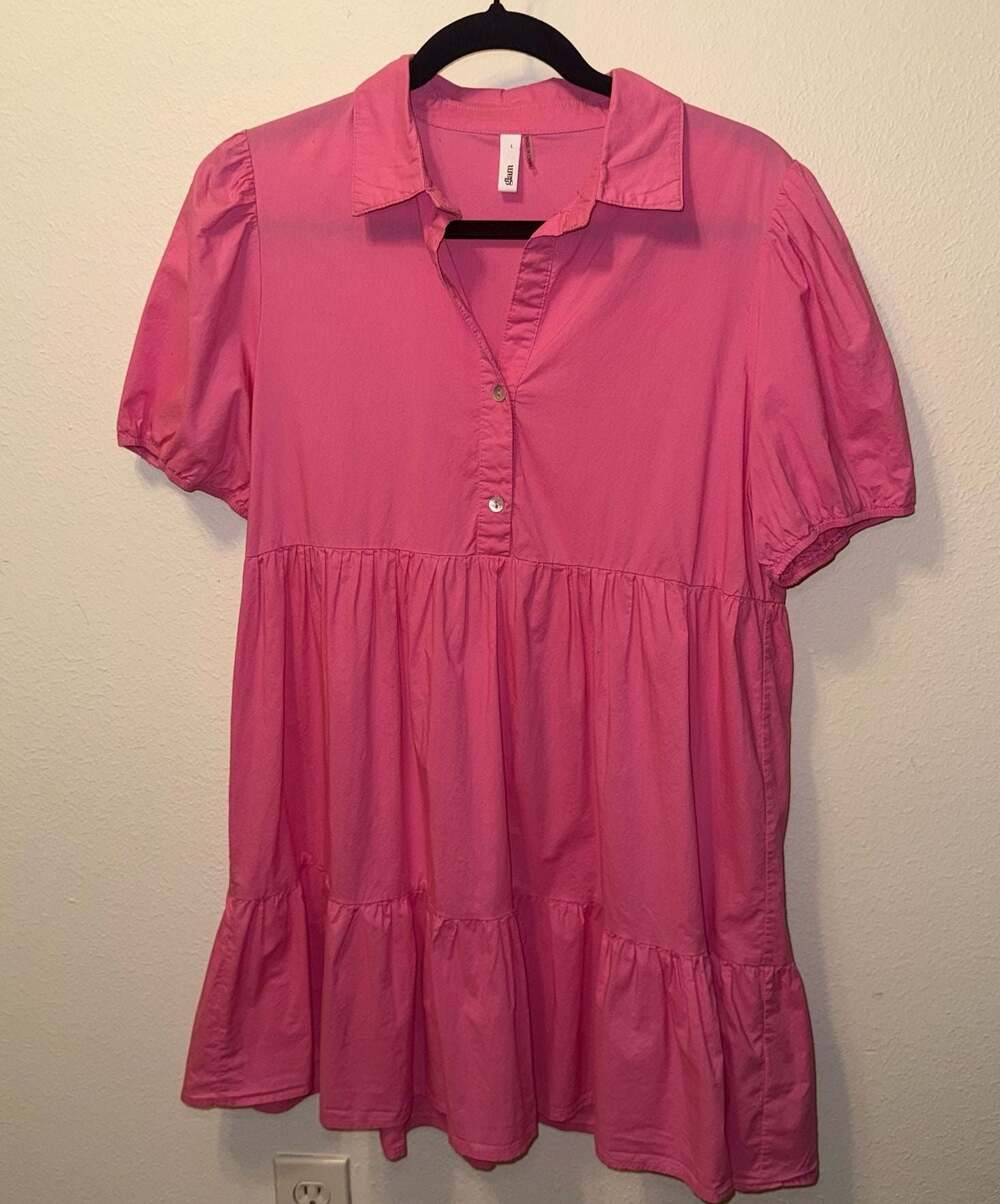 Glam Pink Short Sleeve Collared Tiered Babydoll Dress Size L